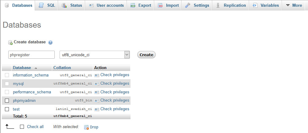 Create database with phpMyAdmin